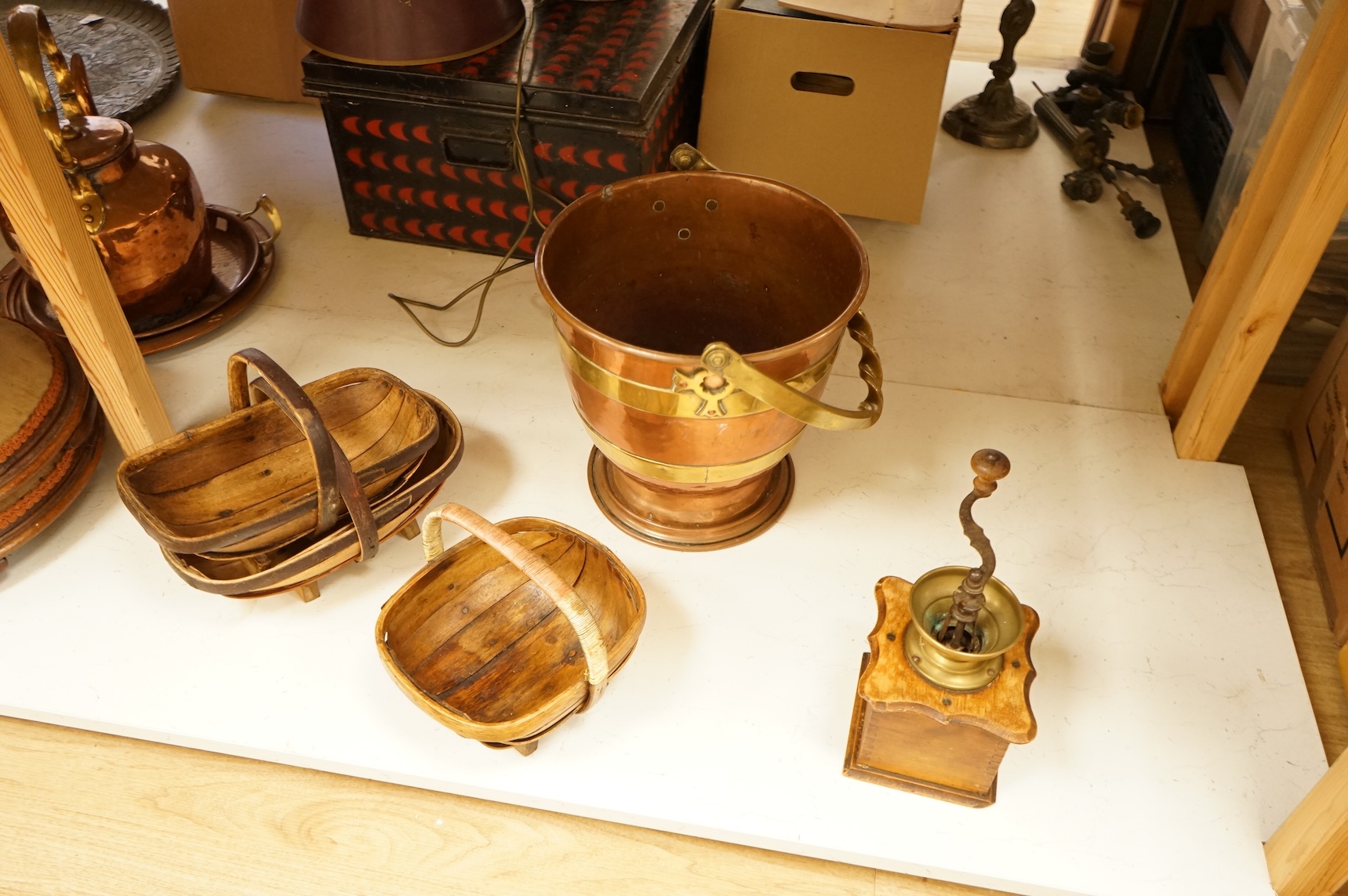 Assorted Victorian and later copper and brassware including two ships portholes, copper kettle pots, etc (16). Large porthole 36cm diameter